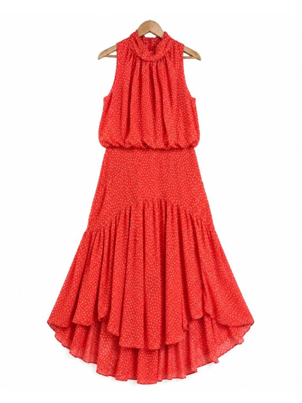 HK62 - "Taylor Dress Women’s 16 Red White Polka Dot High Neck High Low Ruffle Mi